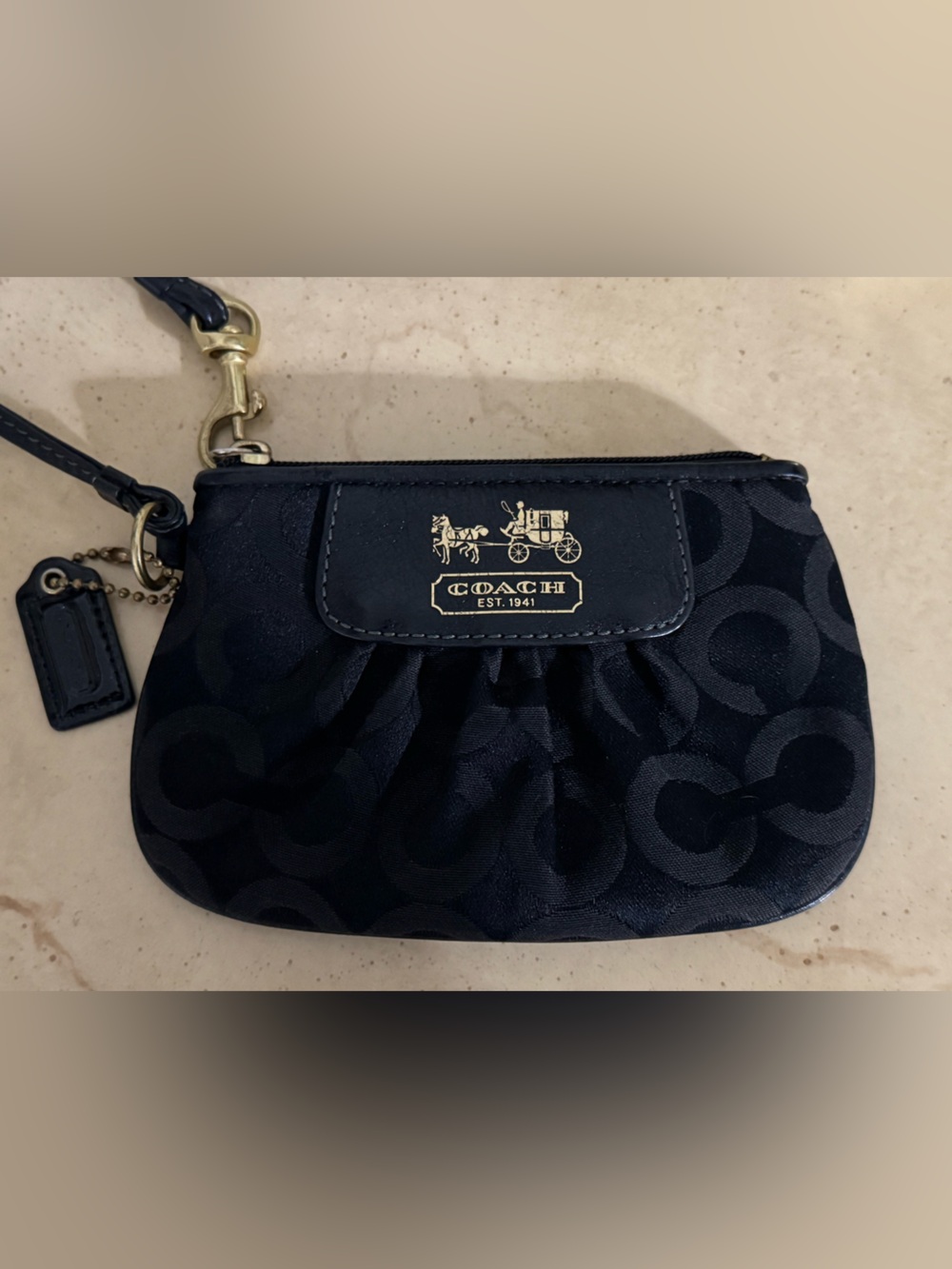 Coach Black Signature Wristlet with Gold Horse & Carriage Emblem - Picture 2 of 7